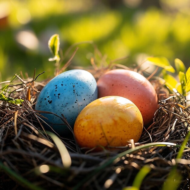 Malowane jaja spoczywają w gnieździe pod rozpiętymi promieniami słońca, tworząc naturalny i organiczny Wielkanoc.