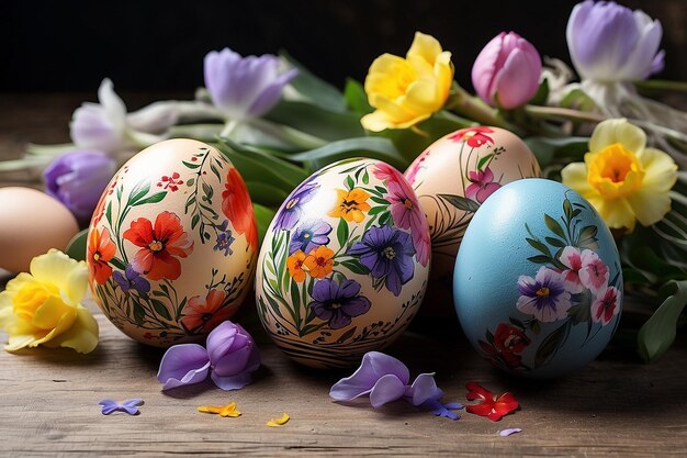 Zdjęcie malowane jaja wielkanocne i kwiaty