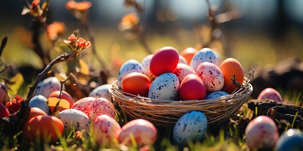 Malowane jajka wielkanocne w koszu na słonecznej trawie