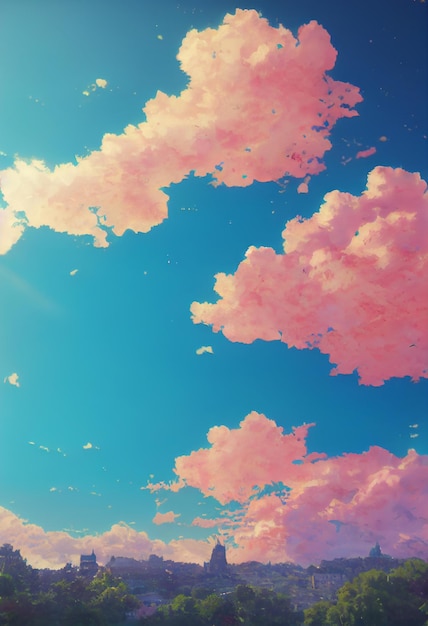 Malowane tło anime przedstawiające niebo z puszystymi różowymi chmurami