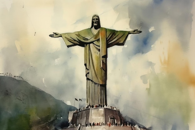 Malowanie akwarelą przedstawiającą zachód słońca Chrystusa Odkupiciela Brazylii