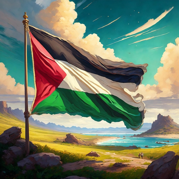 Malowanie akwareli przedstawiającej flagę narodową Palestyny Wygenerowane przez Ai
