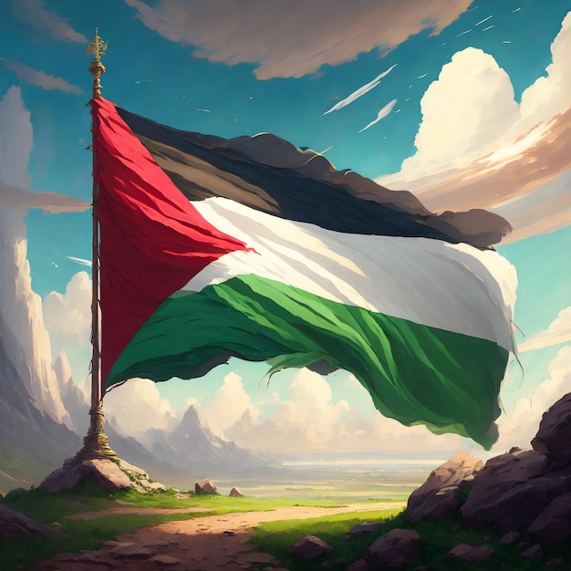 Malowanie akwareli przedstawiającej flagę narodową Palestyny Wygenerowane przez Ai