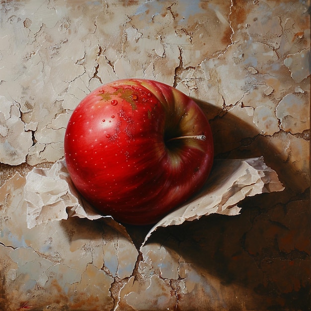 Zdjęcie malowanie czerwonego jabłka na kawałku papieru na pękniętej powierzchni generatywny ai