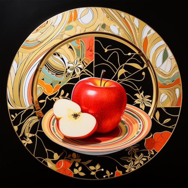 malowanie czerwonego jabłka na talerzu ze złotą obwódką. generatywna ai.