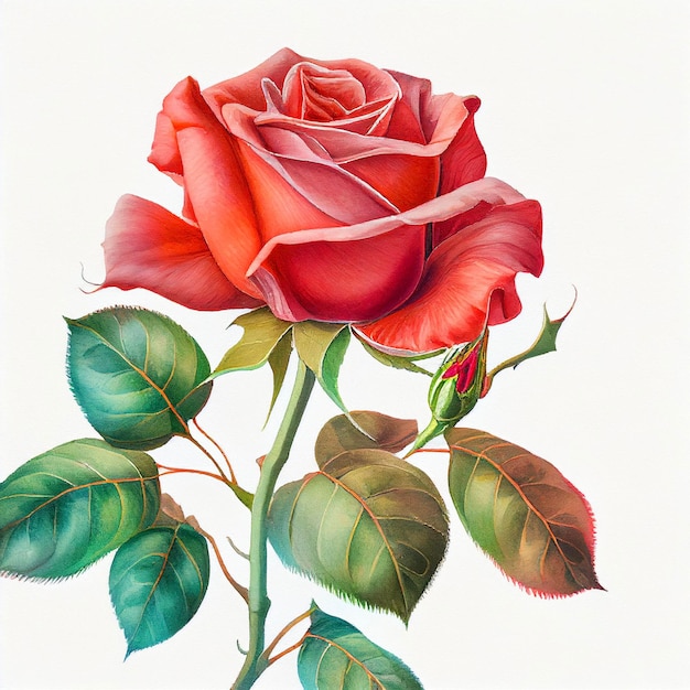 Malowanie czerwonej róży z zielonymi liśćmi generatywne ai