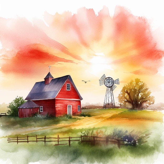 malowanie czerwonej stodoły i wiatraka na polu z zachodem słońca generatywnym ai