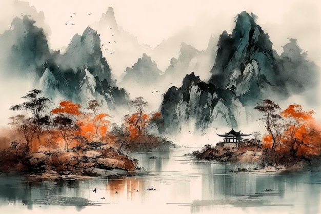 Malowanie czerwonych drzew i rzeki w stylu tradycyjnego chińskiego krajobrazu