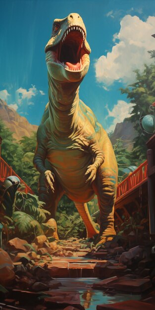 malowanie dinozaura w muzeum z mostem i drzewami generatywnymi ai
