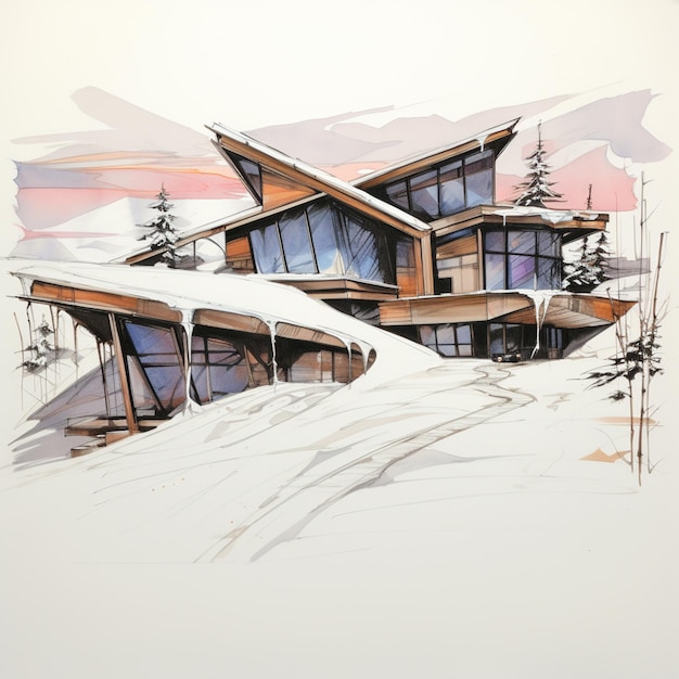 malowanie domu w śniegu z windą narciarską w tle generatywny ai