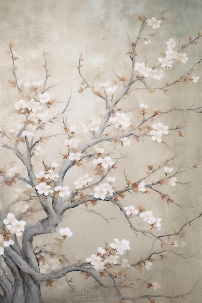 Malowanie drzewa z białymi kwiatami i brązowymi liśćmi generatywne ai