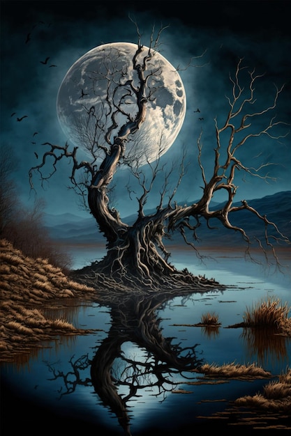Malowanie drzewa z pełnią księżyca w tle generatywne ai
