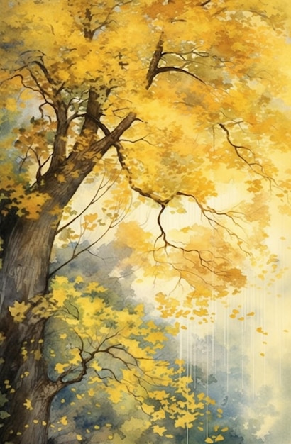 Malowanie drzewa z żółtymi liśćmi i ławką na pierwszym planie generatywnego ai