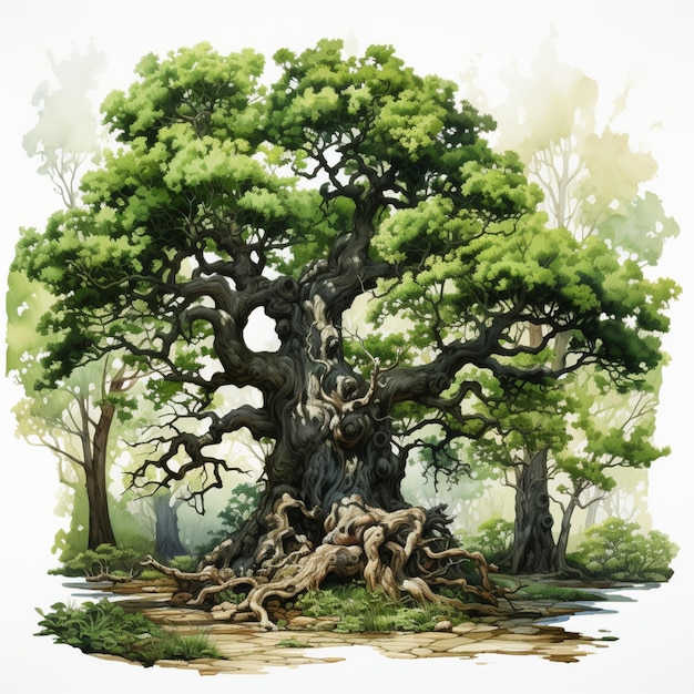 malowanie dużego drzewa z wieloma gałęziami i efekt akwarelowy generatywny ai
