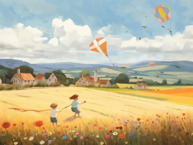 malowanie dwóch dzieci latających latawców na polu kwiatów generatywne ai