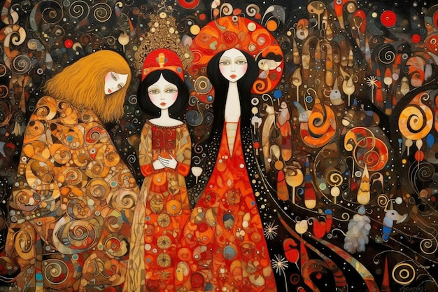 Malowanie dwóch kobiet w czerwonej sukience i kota generatywnego ai
