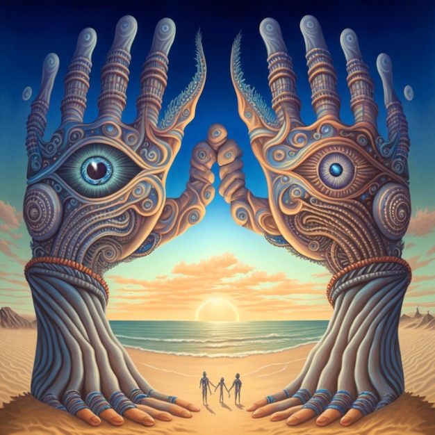 Zdjęcie malowanie dwóch rąk ludzkim okiem i generatywną ai ludzkiej ręki