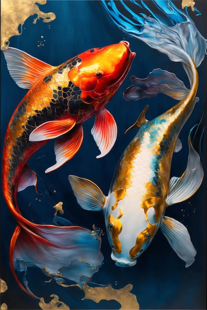 Malowanie dwóch ryb koi pływających w stawie generatywnym ai