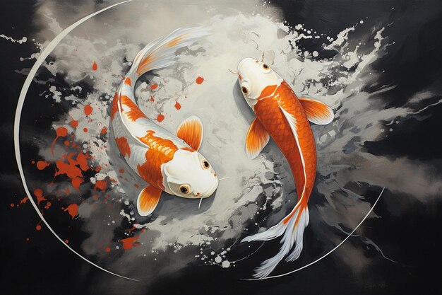 Zdjęcie malowanie dwóch ryb koi w okrągłym malarstwie akwarelowym generatywnym ai