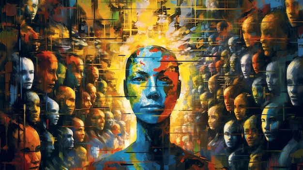 Malowanie fantastycznej ludzkiej koncepcji przyszłego świata Światowy dzień ludności Wygenerowana sztuczna inteligencja