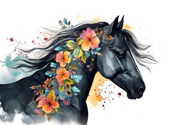 Malowanie głowy czarnego konia z kolorowymi kwiatami tropikalnymi Wildlife Animals Illustration Generative AI