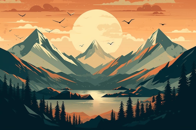 Malowanie gór w tle retro plakatowa sceneria zapierająca dech w piersiach stylizowana podróż plakat lub naklejka Great Smoky Mountains natura krajobraz generatywny AI