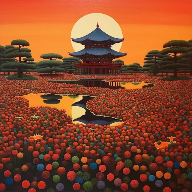 Malowanie japońskiego pejzażu z pagodą i stawem generatywnym ai