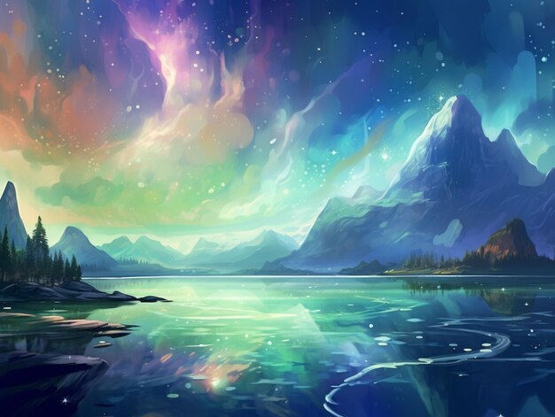 malowanie jeziora z górami i nieba z gwiazdami generatywnymi ai