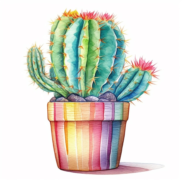 Malowanie kaktusa w doniczce z generatywnym ai w paski tęczy