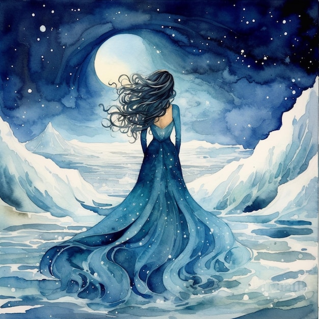 Malowanie kobiety w niebieskiej sukience stojącej w śniegu generatywnym ai