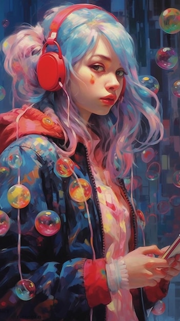malowanie kobiety ze słuchawkami i kurtką przy użyciu generatywnej AI telefonu komórkowego