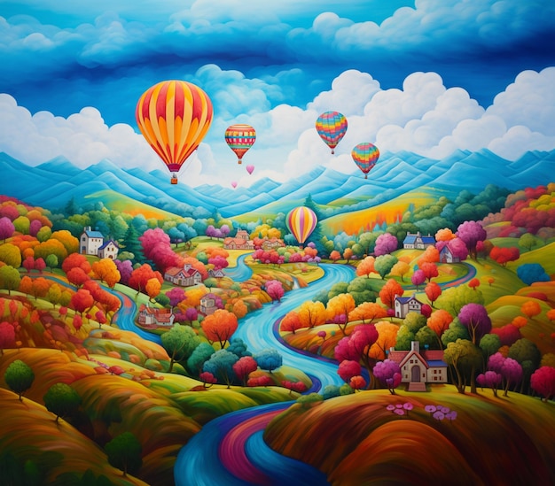 malowanie kolorowego krajobrazu z balonami na gorące powietrze latającymi nad rzeką generatywny ai