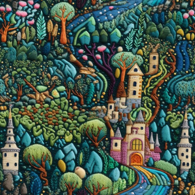 malowanie kolorowego krajobrazu z zamkiem i rzeką generatywny ai