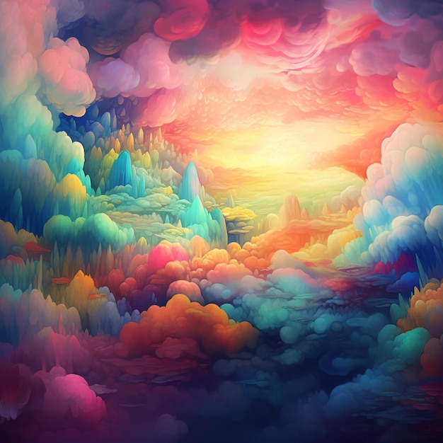 Malowanie kolorowego pejzażu z generatywnym zachodem słońca i chmurami ai