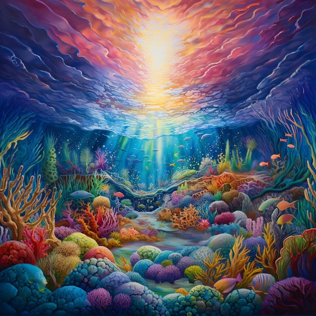 malowanie kolorowej podwodnej sceny z koralowcami i rybami generatywne ai