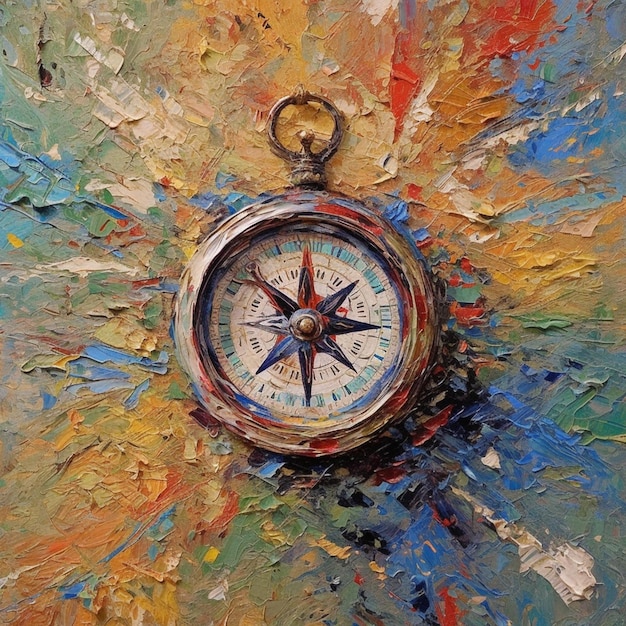 Zdjęcie malowanie kompasu na kolorowym tle z złotym pierścieniem generatywny ai