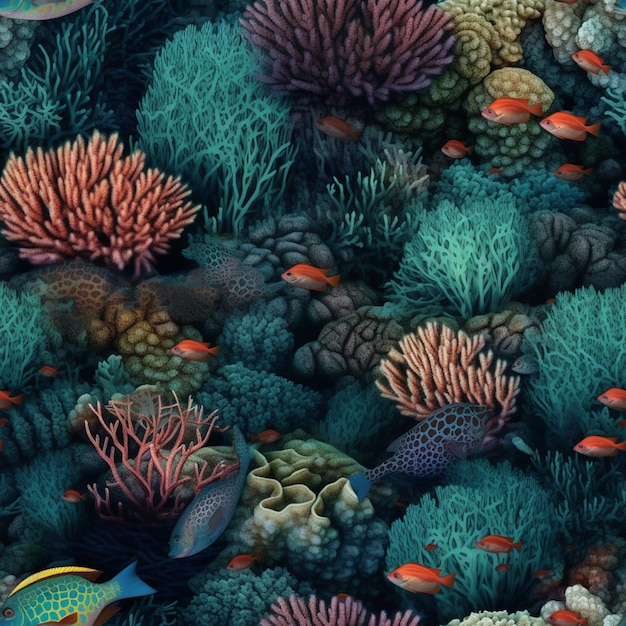 Malowanie koralowców i ryb z niebiesko-żółtym ogonem.
