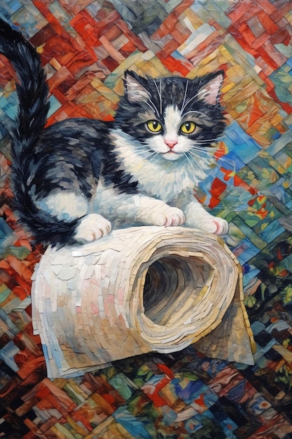 Zdjęcie malowanie kota siedzącego na gazecie na kolorowym tle generatywnym ai