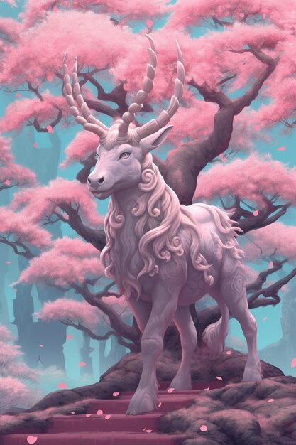 Malowanie kozy stojącej przed drzewem z różowymi kwiatami generatywnymi ai