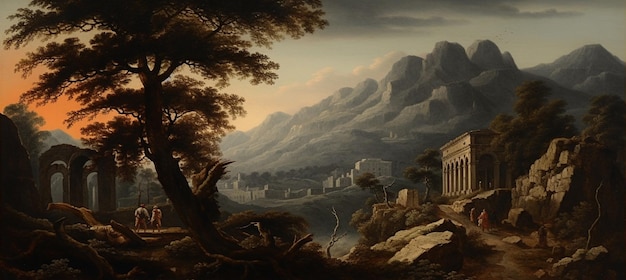 Zdjęcie malowanie krajobrazu z górą i świątynią w oddali generatywnej ai