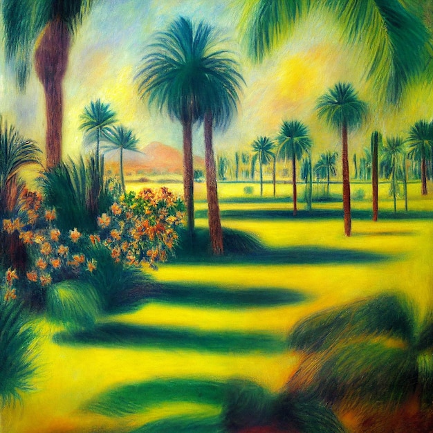 malowanie krajobrazu z palmami i żółtą trawą generatywną ai.