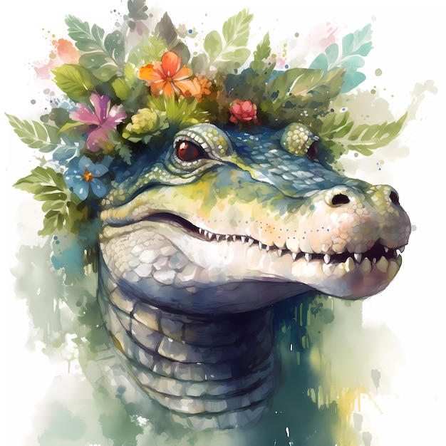 Malowanie krokodyla z wieńcem kwiatów na głowie