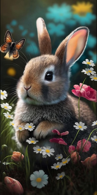 Malowanie królika na polu kwiatów z generatywną ai motyla