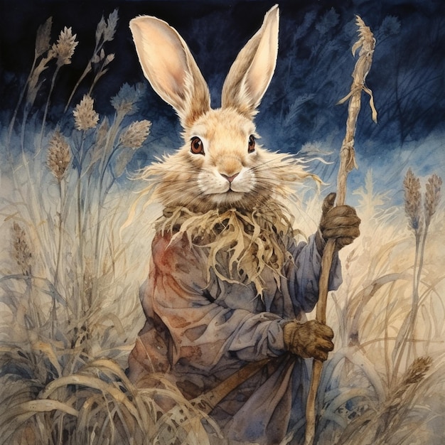 Zdjęcie malowanie królika z długim kijem w polu generatywnym ai
