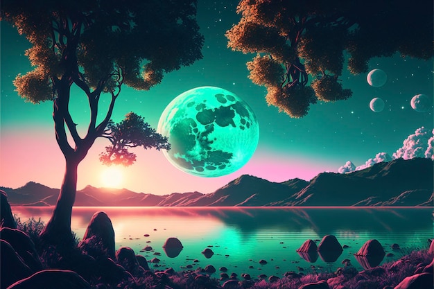 Zdjęcie malowanie księżyca w pełni nad jeziorem generatywnym ai