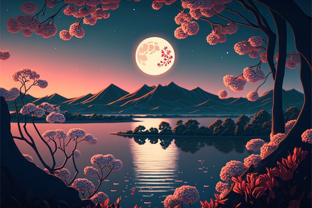 Malowanie księżyca w pełni nad jeziorem generatywnym ai
