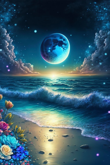 Malowanie księżyca w pełni nad oceanem generatywnym ai