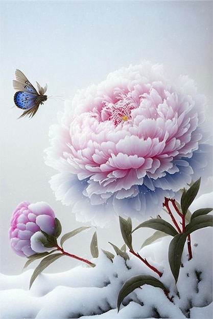 Malowanie kwiatu i motyla w generatywnej ai śniegu