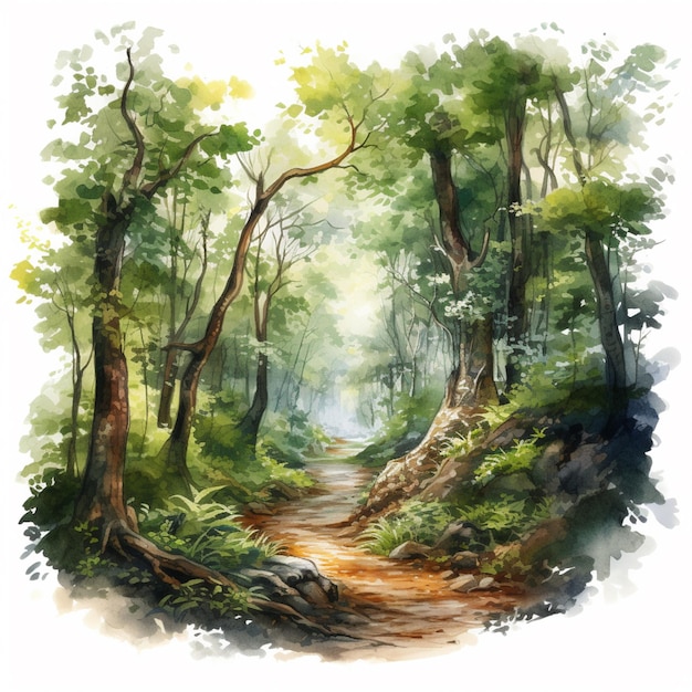 Zdjęcie malowanie lasu z ścieżką i drzewami generatywne ai