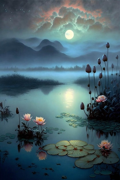 Malowanie lilii wodnych i generatywnej ai pełni księżyca